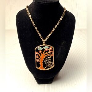 Oriental Tree Landscape Happiness Symbol Asian Necklace Gold Tone Cherry Blossom